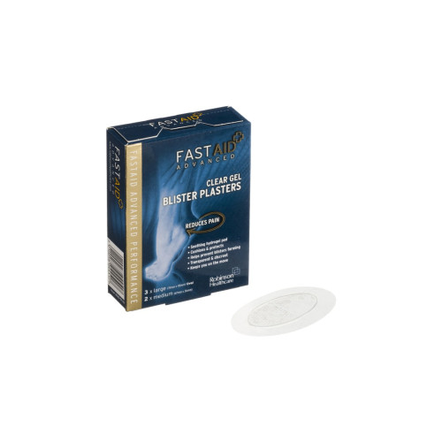 Fast Aid Non-Sterile Blister Plasters Clear Gel - Assorted (3 x Oval 74x45mm) (2 x Rectangular 67x26mm), front product pack view