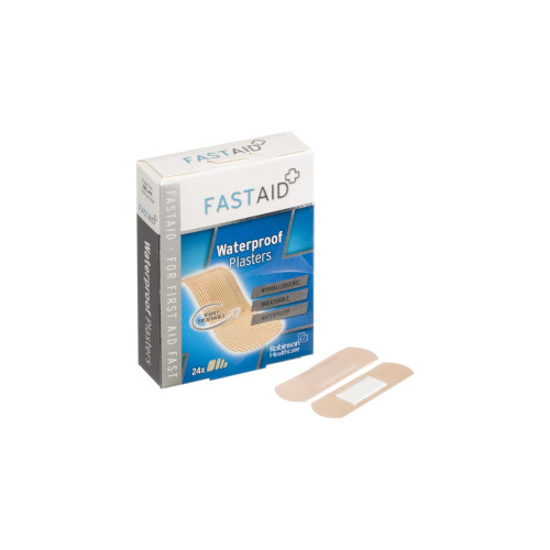Fast Aid Non-Sterile Waterproof Plasters x 24 (Assorted In 4 Sizes), front product pack view