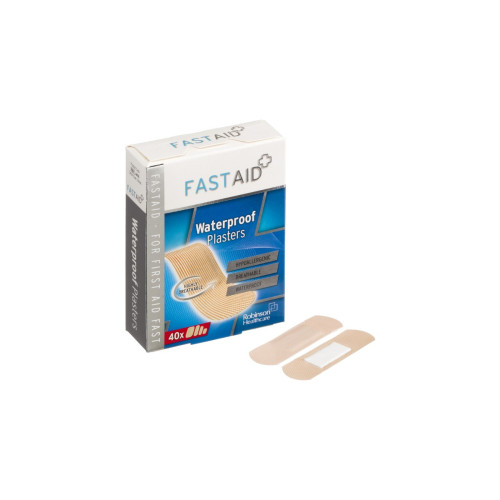 Fast Aid Non-Sterile Waterproof Plasters x 40 (Assorted In 4 Sizes), front product pack view