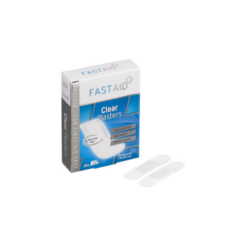 Fast Aid Antiseptic Clear Plasters x 24 (Assorted In 4 Sizes), front product pack view