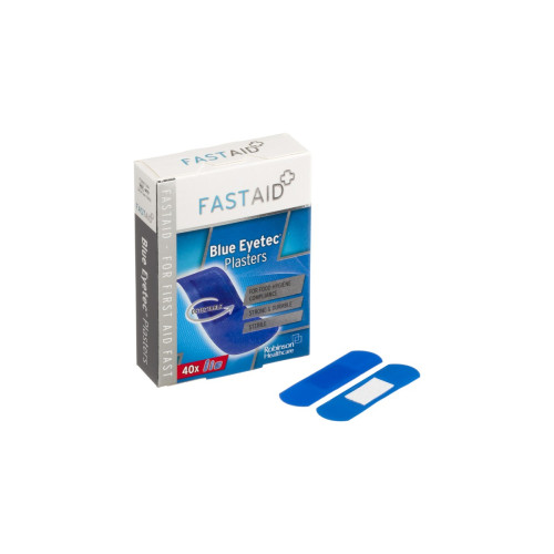 Fast Aid Sterile Blue Eyetec Plasters x 40 (Assorted In 3 Sizes), front product pack view