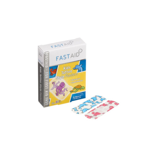 Fast Aid Antiseptic Kids Tattoo Style Plasters x 15 (Assorted In 4 Designs), front product pack view