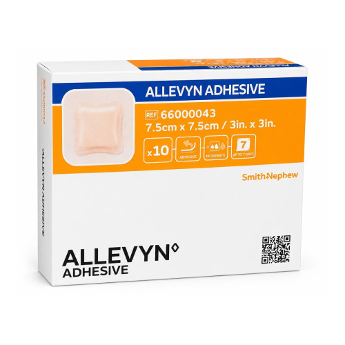 Allevyn Adhesive Foam Dressings - 66000043 - 7.5cm x 7.5cm x 10, front/pack view