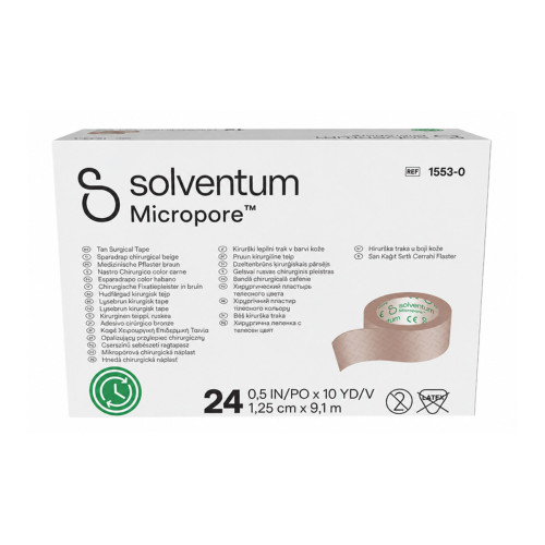 Micropore Tan Surgical Paper Tape (1.25cm x 9.1m) x 24, front product view