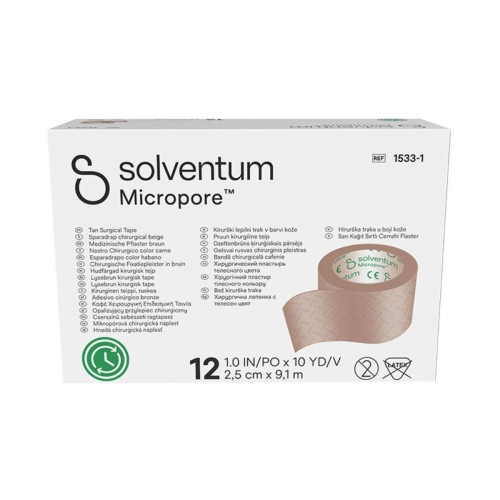 Micropore Tan Surgical Paper Tape (2.5cm x 9.1m) x 12, front product view