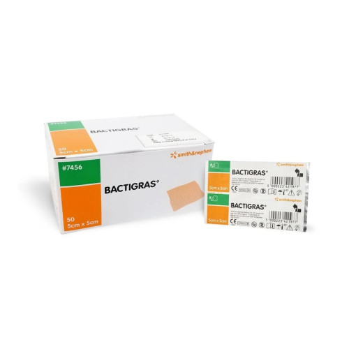 Bactigras Sterile Gauze Dressings - 7456 - 5cm x 5cm x 50, front/pack view