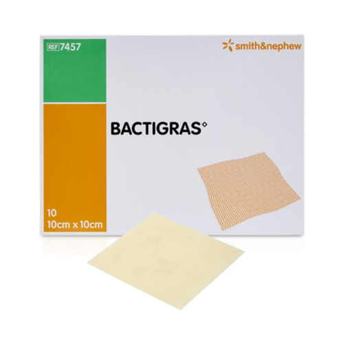 Bactigras Sterile Gauze Dressings - 7457 - 10cm x 10cm x 10, front/pack view