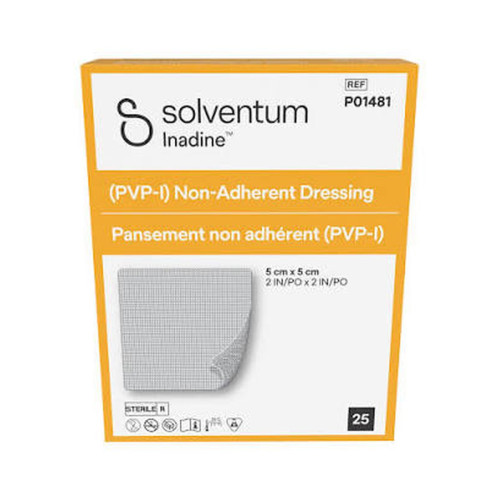 Inadine Non Adherent Dressing - P01481 - 5cm x 5cm x 25, front/pack view