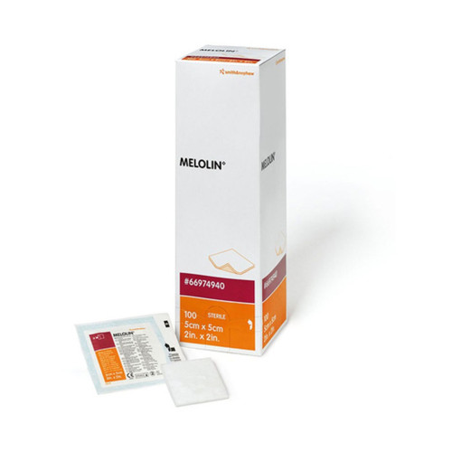 Melolin Low&acirc;Adherent Absorbent Sterile Dressings - 66974940 - 5cm x 5cm x 100, front/pack view