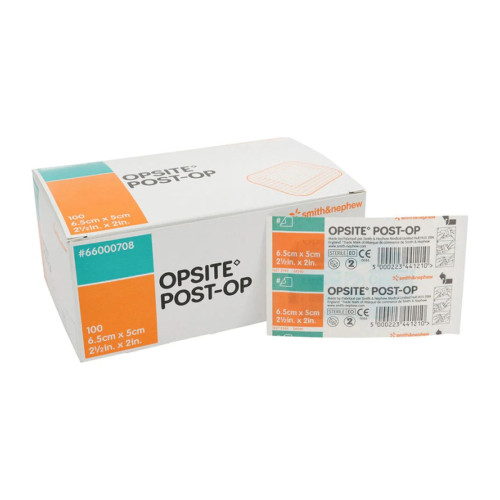 Opsite Post-Op Waterproof Dressings - 66000708 - 6.5cm x 5cm x 100, front/pack view