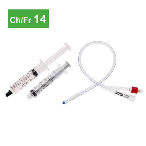2-Way Silicone Foley Catheters Straight Tip, 10ml Balloon and Prefilled Syringe - 14CH - Pack of 5