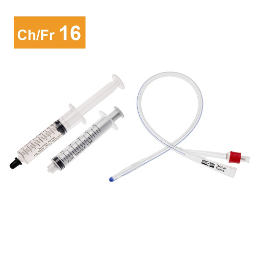 2-Way Silicone Foley Catheters Straight Tip, 10ml Balloon and Prefilled Syringe - 16CH - Pack of 5