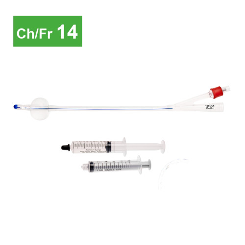 2-Way Female Length Nelaton Silicone Foley Catheter with Prefilled Syringe - 14CH - Pack of 5