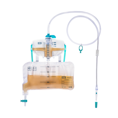 Q500 Plus Diuresis Measuring System With T-Tap Outlet, Hanging Straps And Round Hook - 2L, 1.5m Tubing, Luer-Slip Connector - Pack of 5