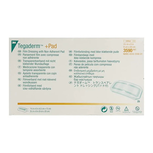 Tegaderm +Pad Film Dressings with Non-Adherent Pad - 3590 - 9cm x 20cm x 25, front/pack view