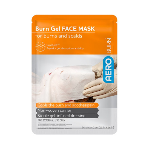 Aeroburn Sterile Gel Dressing Face Mask - ABD45 - 30cm x 40cm, front/pack view